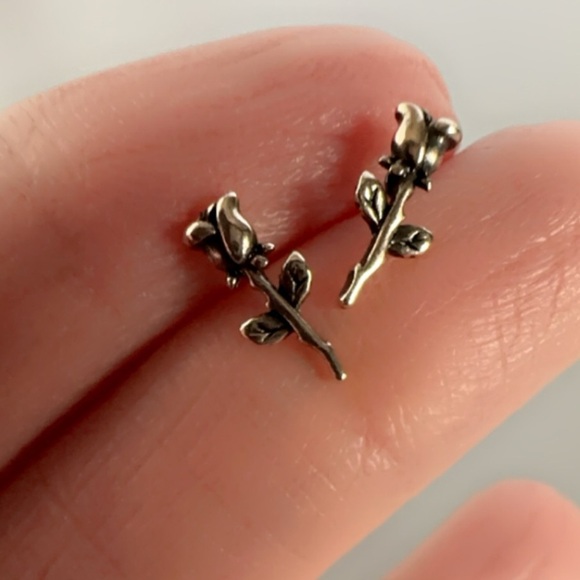 Sterling Silver Tiny Rose Stud Earrings - Picture 11 of 11